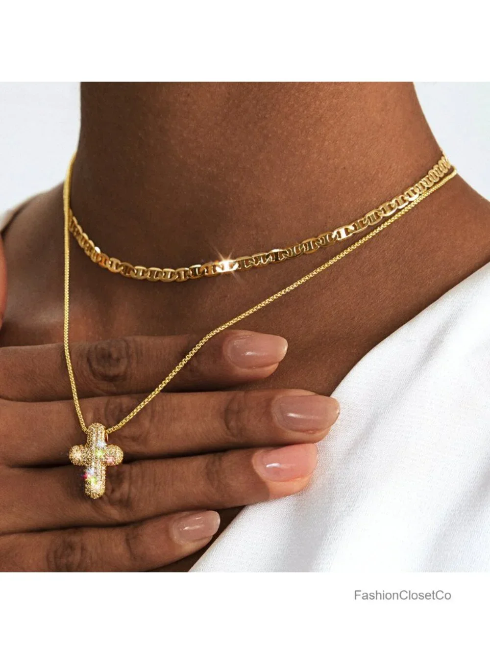 14k Gold Plated Cross Necklace Set with CZ Bubble Pendant